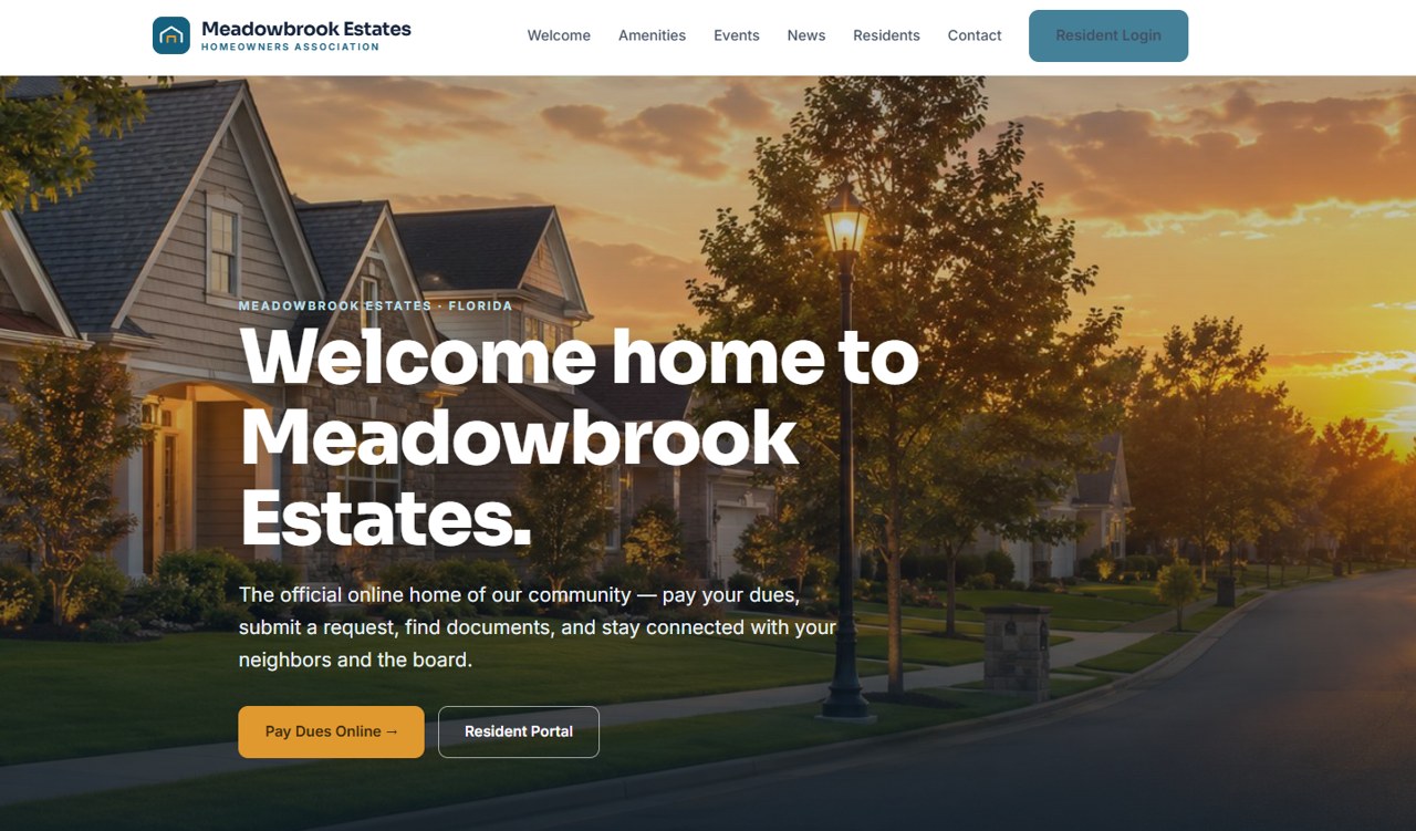 Homepage of a homeowners association website built by Bryce IT Consulting